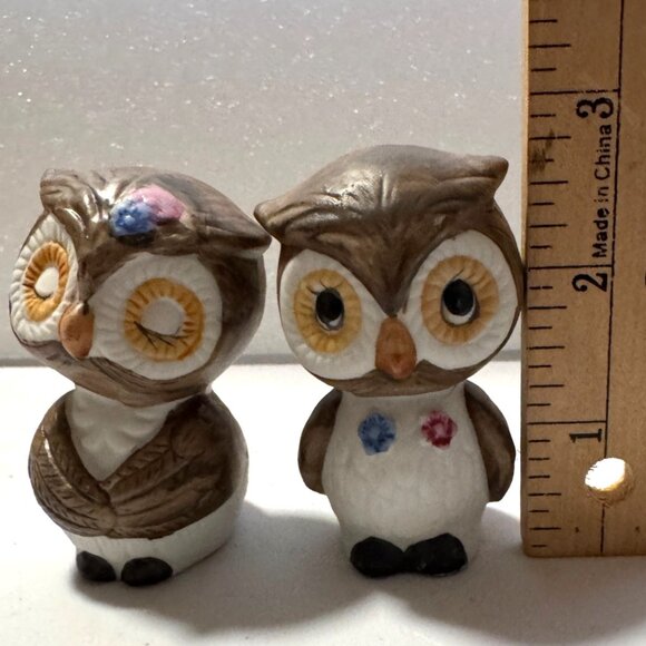 Vintage Owls Salt Pepper Shakers Stoppers Brown Ceramic Kitschy Korea 2.75" MCM - Picture 7 of 8